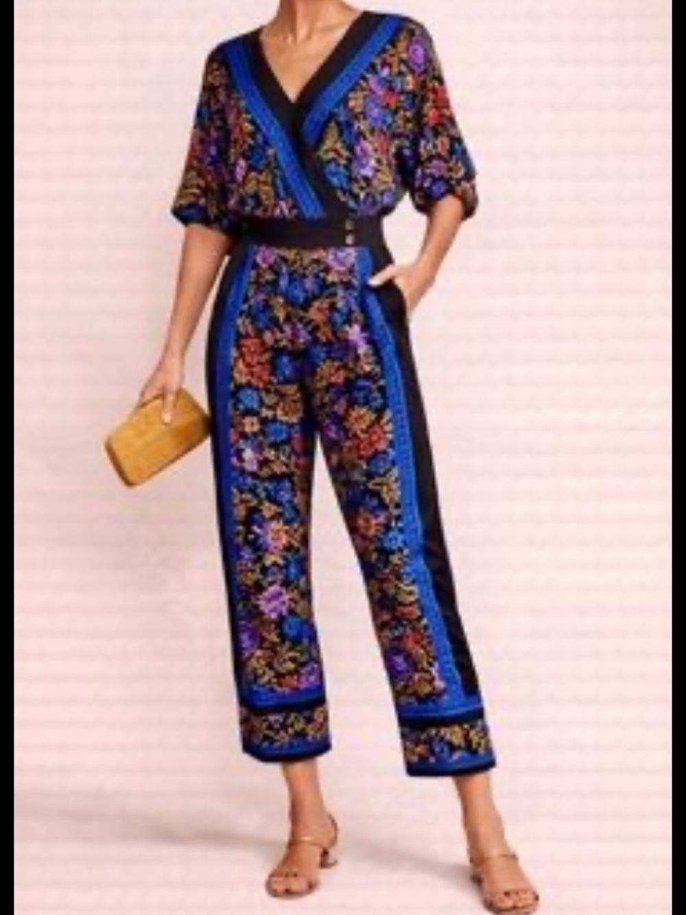Anthropologie Black Floral Wrap-Style Women’s Jumpsuit with Blue & Purple